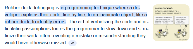 سمعت قبل كدة عن مصطلح Rubber Duck Debugging
بص يا سيدي دة عبارة عن Technique في البرمجة 
وهي طريقة ذكية وبسيطة جدا لحل مشاكل الكود.
فكرتها إنك تمسك أي حاجة فايدك وليكن مثلا بطة مطاطية وتحكيله الكود اللي كتبته خطوة بخطوة كأنك بتشرح لحد تاني.