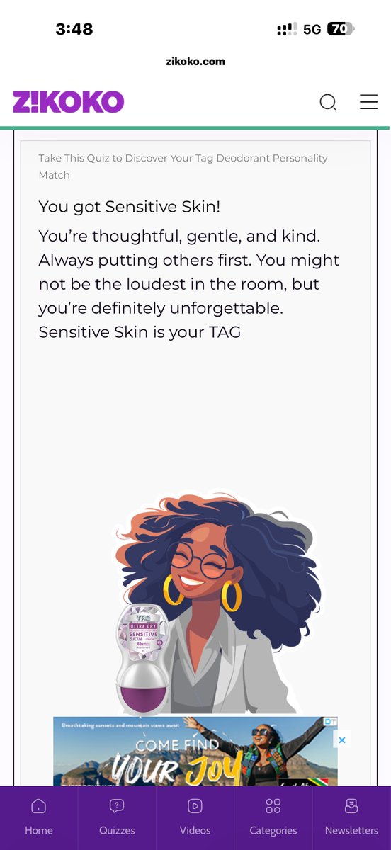 TheSilvapr_'s tweet photo. I participated in this Zikoko Tag Quiz, and I just realized that I’ve got Tag sensitive skin! 🥳

Now, it’s your turn, take this Quiz to discover your Tag Deodorant Personality Match https://t.co/a8s49ts9ON #ZikokoQuiz via @zikokomag #Tagiton https://t.co/6Vj1SBtOq6