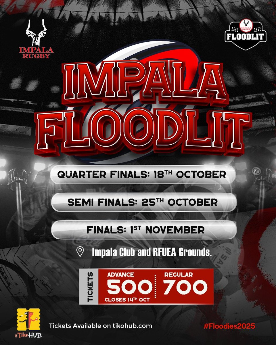 Impala Rugby Floodlit 2025 is here! Tickets are now selling on <a href="/tiko_hub/">TikoHUB</a> grab yourself a pair and come with a friend. This one is a must, for the love of the Game!

#impalatime #impalarugby #Floodlit2025 #Floodies