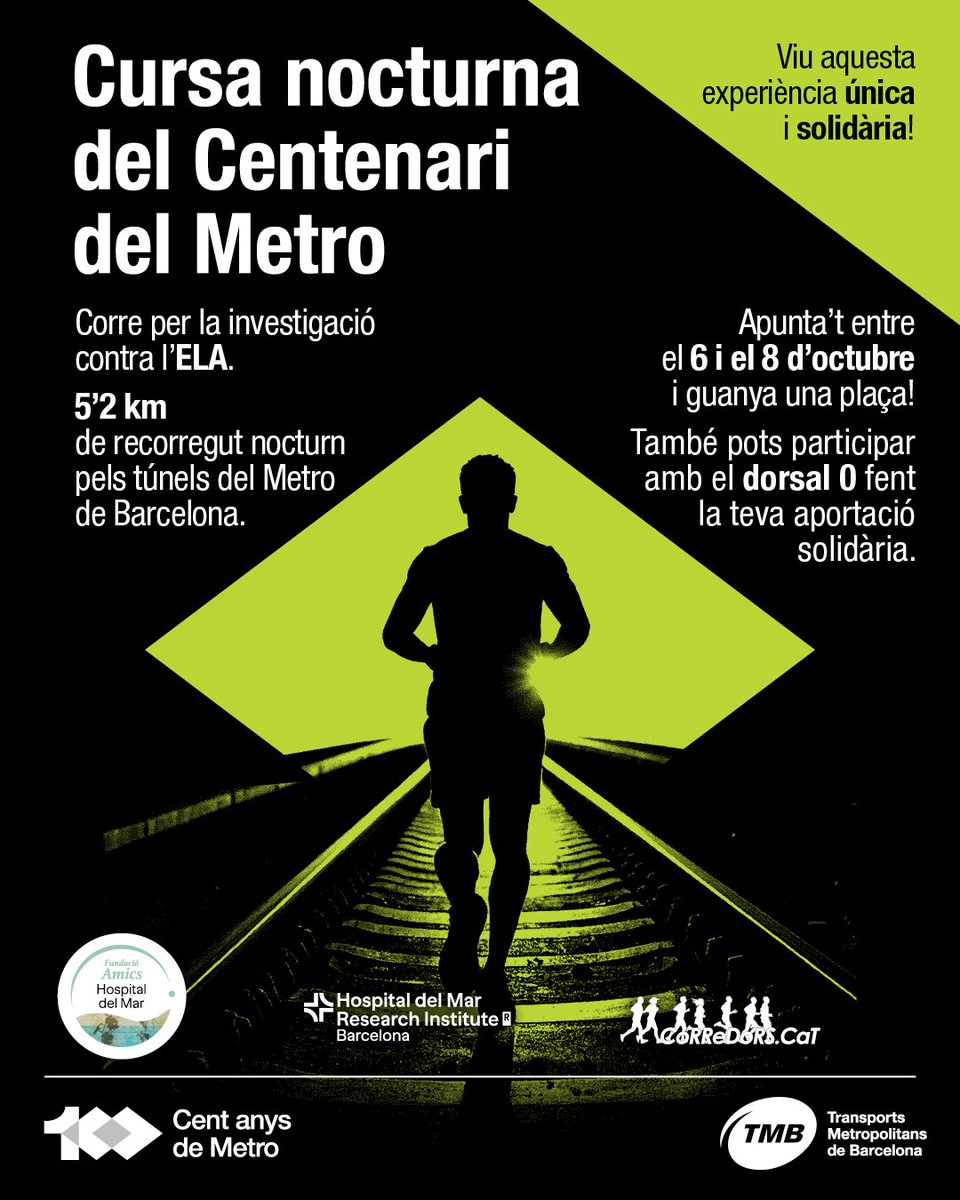 🚇🆕 Ja pots inscriure’t al sorteig de la Cursa Nocturna dels #100AnysMetro❗️  🏃🏻‍♂️🏃‍♀️Viu l’experiència de córrer pels túnels de #metrobcn   🗓️Tens temps fins al 8/10 a les 18 h  💚Tota la recaptació es destinarà a la investigació de l'ELA 🙌 
🔗👉 ow.ly/5Bo650X6Usp