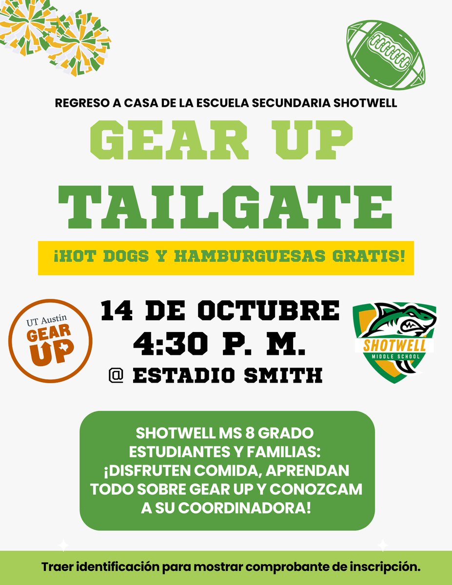 gearupwithdowns's tweet photo. ✨🏈Calling 8th grade @ShotwellMS_AISD students and families - join us for free food, fun and school spirit at the next football game!

Students, bring your family so they can learn more about GEAR UP and enjoy free food! 🍔

📆Oct. 14
⏰4:30-5:30
📍Smith Stadium https://t.co/gC7gb4Ca5a