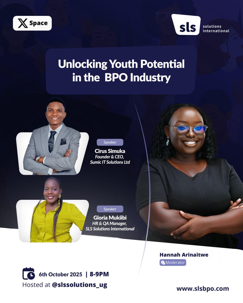 SLS Solutions International Ltd (@slssolutions_ug) on Twitter photo Tonight at 8PM (EAT), join us on X Space as we explore how young people can unlock their potential and thrive in the Business Process Outsourcing (BPO) industry. 💼✨
With insights from <a href="/MrSumic/">Cirus Sumika ~ Mr. Sumic</a> and <a href="/GMukiibi39540/">Gloria Mukiibi</a>
#BPO #FutureOfWork #YouthEmpowerment Tonight at 8PM (EAT), join us on X Space as we explore how young people can unlock their potential and thrive in the Business Process Outsourcing (BPO) industry. 💼✨
With insights from <a href="/MrSumic/">Cirus Sumika ~ Mr. Sumic</a> and <a href="/GMukiibi39540/">Gloria Mukiibi</a>
#BPO #FutureOfWork #YouthEmpowerment