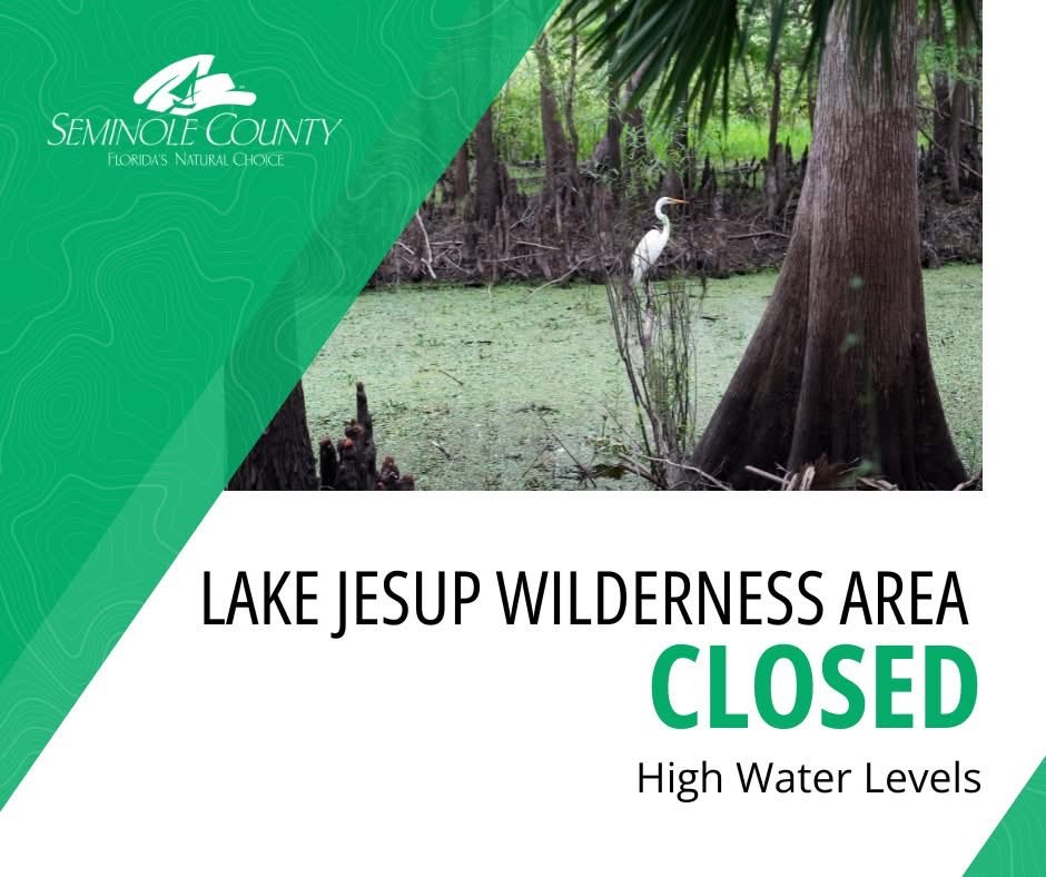 CLOSURE ANNOUNCEMENT: Lake Jesup Wilderness Area is currently closed due to high water levels, which can happen during this time of the year. Conditions will continue to be monitored, and the area will reopen once the situation improves.