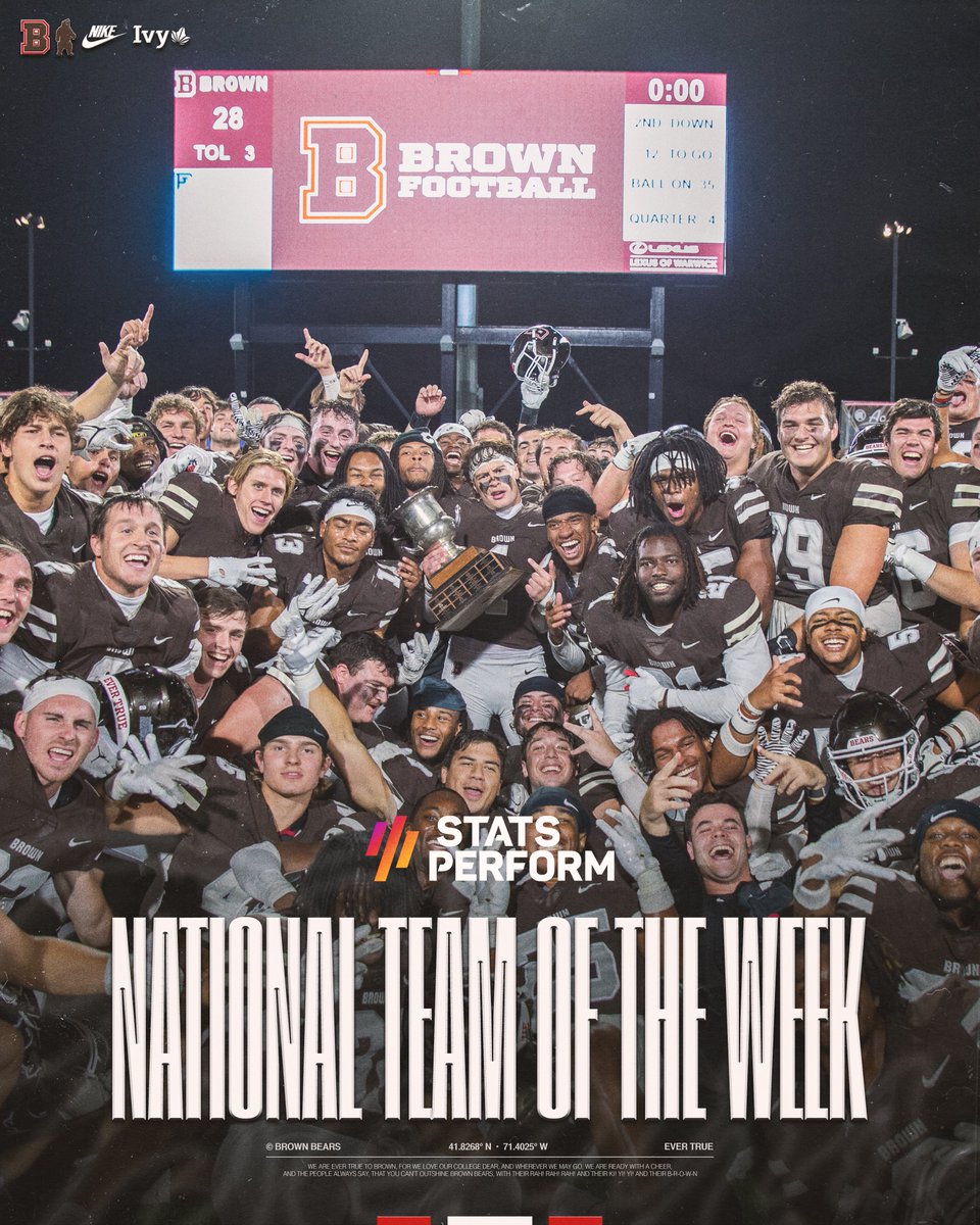 BrownU_Football's tweet photo. Brown selected as the National Team of the Week by Stats Perform after Friday's big upset win over URI.
The Bears are also receiving votes in the latest Stats Perform FCS Top 25 Poll
π°- https://t.co/PTkY45u8J6
#EverTrue https://t.co/NWFTOR4kkT