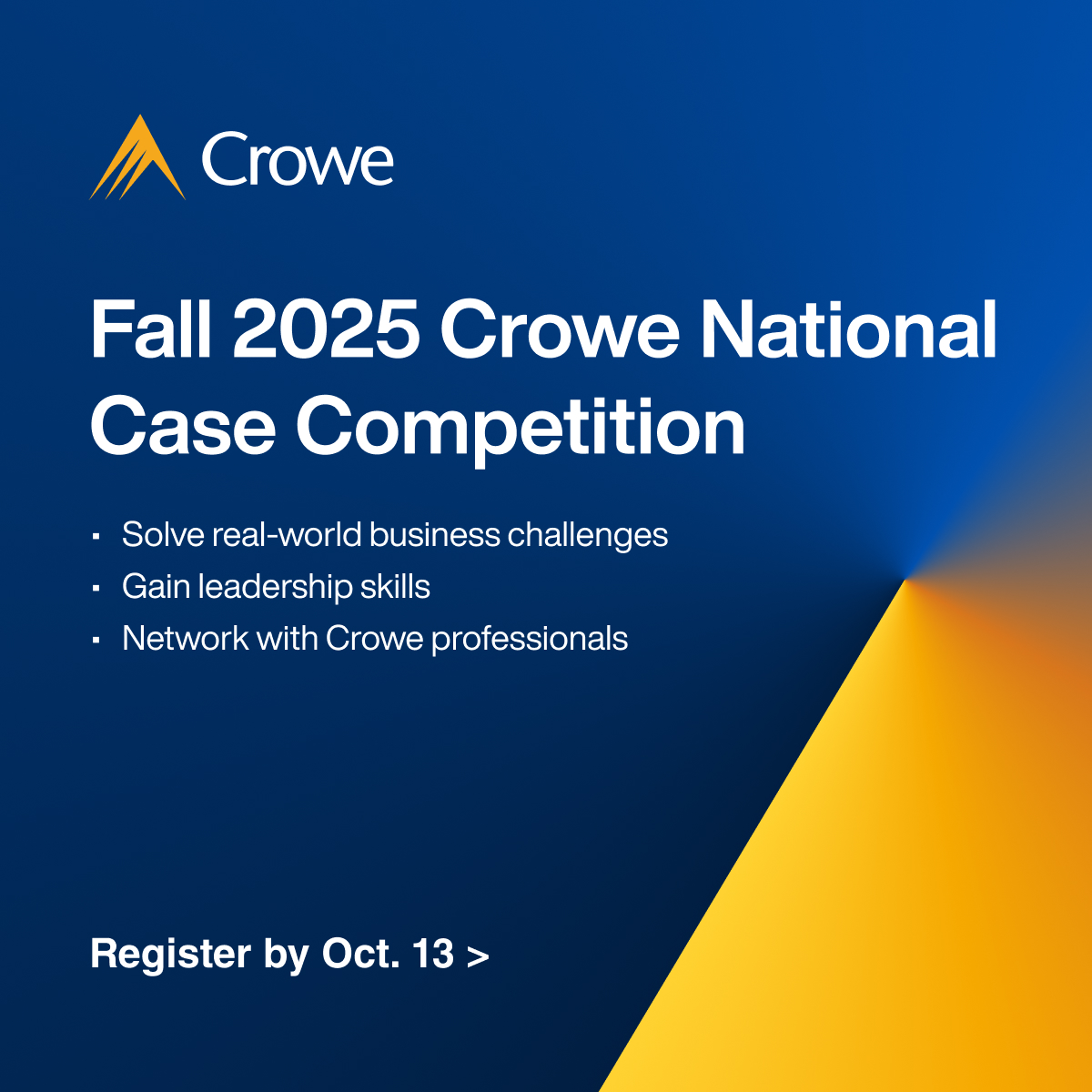 CroweUSA's tweet image. Heads-up college freshmen and sophomores, it's your last chance to show off your skills by solving modern business problems – register for the Crowe National Case Competition by Oct. 13. #GoCrowe bit.ly/464BQeR
