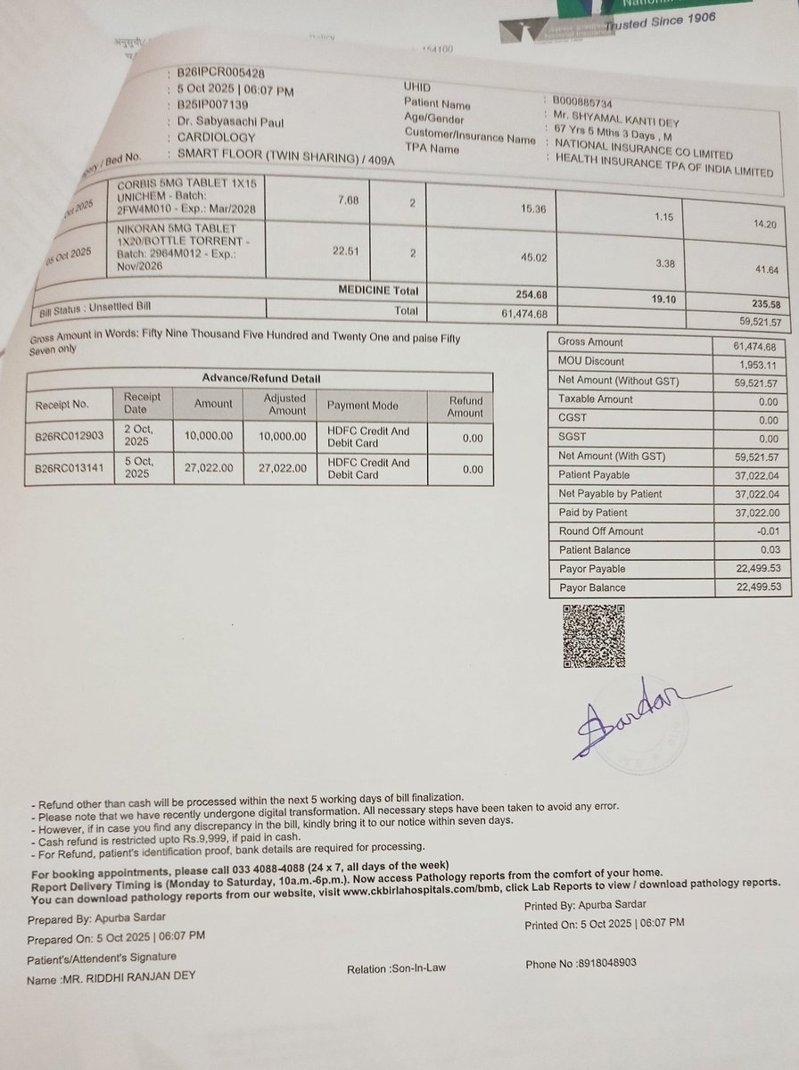 ItsPritha009's tweet photo. @NICLofficial is totally waste of time and money.Recently my father admitted through them in a heart hospital and after wasting 6 long hours they have only approved rs 22500 in a claim of rs 61000. Even their TPA told why we took the pt in ER not in Opd after having chest pain! https://t.co/D10Awyawww
