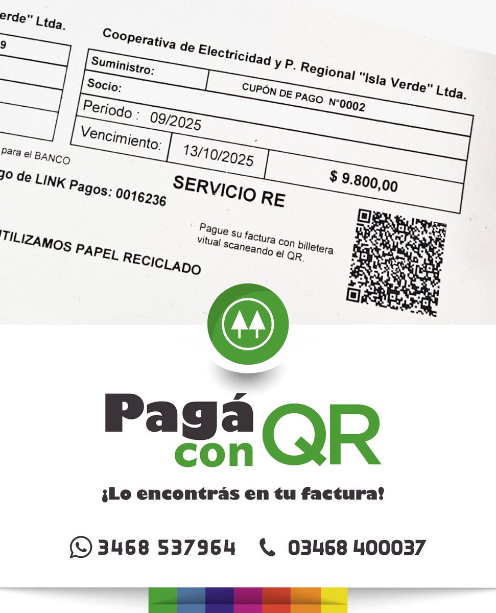islaverdecoop's tweet image. ¡Pagar tus servicios ahora es más rápido, más simple, más cómodo! 💳📲
Ahora tus facturas de la Cooperativa incluyen código QR.  
Escaneá, pagá con tu billetera virtual favorita y listo.

⏳ Recordá hacerlo antes de la fecha de vencimiento (ver factura).
