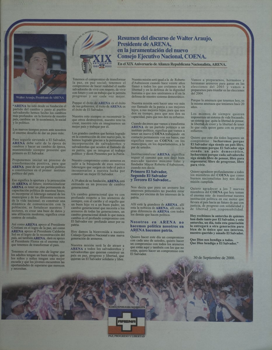 Vernon García Rivas (@vgarciarivas) on Twitter photo Hoy, en #ElSalvador de hace 25 años (06/Oct/00), ARENA recluta a Murray Meza, entre otros, para integrar una "renovación" del COENA. En su discurso al final del proceso, <a href="/waraujo64/">Walter Araujo y Toda la Verdad</a> arremete contra "los mismos de siempre", los rojos.
¿A quién más le hemos escuchado esa frase? Hoy, en #ElSalvador de hace 25 años (06/Oct/00), ARENA recluta a Murray Meza, entre otros, para integrar una "renovación" del COENA. En su discurso al final del proceso, <a href="/waraujo64/">Walter Araujo y Toda la Verdad</a> arremete contra "los mismos de siempre", los rojos.
¿A quién más le hemos escuchado esa frase?