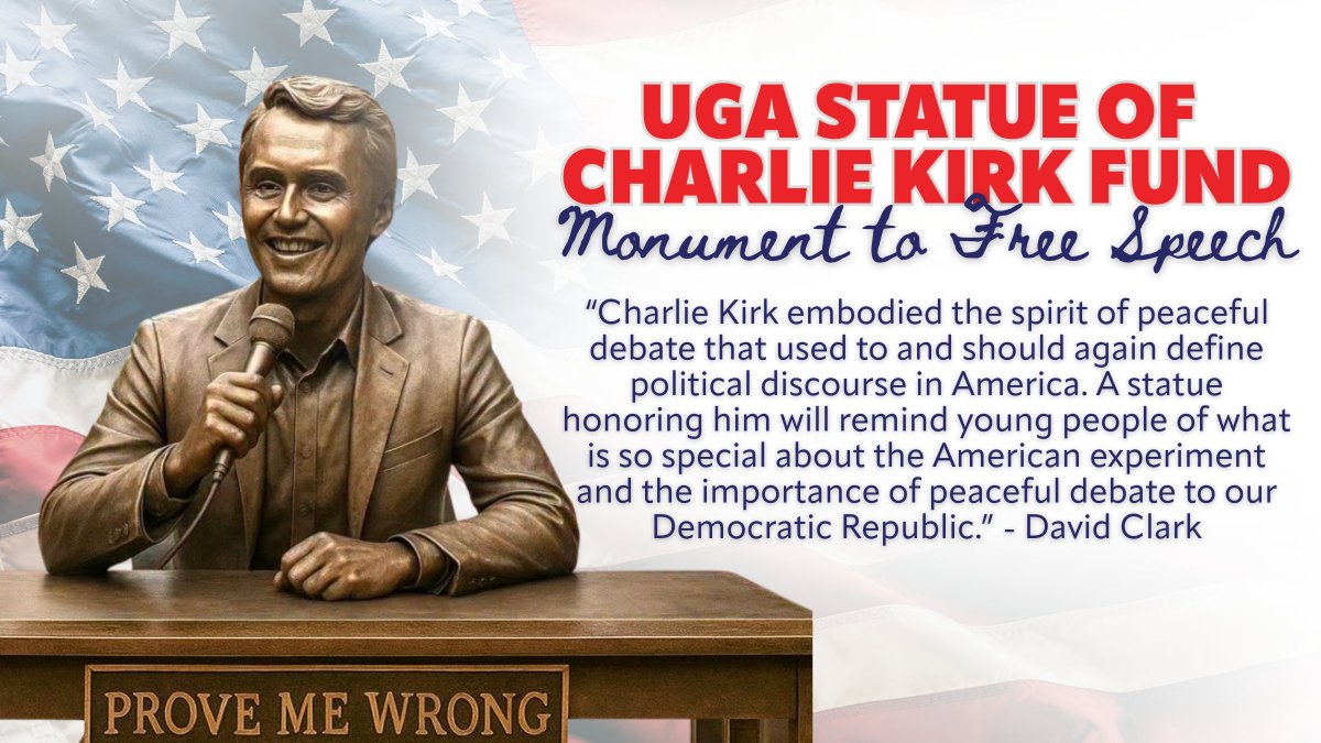 DavidClarkGA's tweet image. Today, I am proud to announce the launch of a fundraising drive to honor Charlie Kirk with a permanent monument at the University of Georgia. Charlie embodied the power of free speech and open dialogue that makes America strong.

This statue will stand as a lasting reminder to…