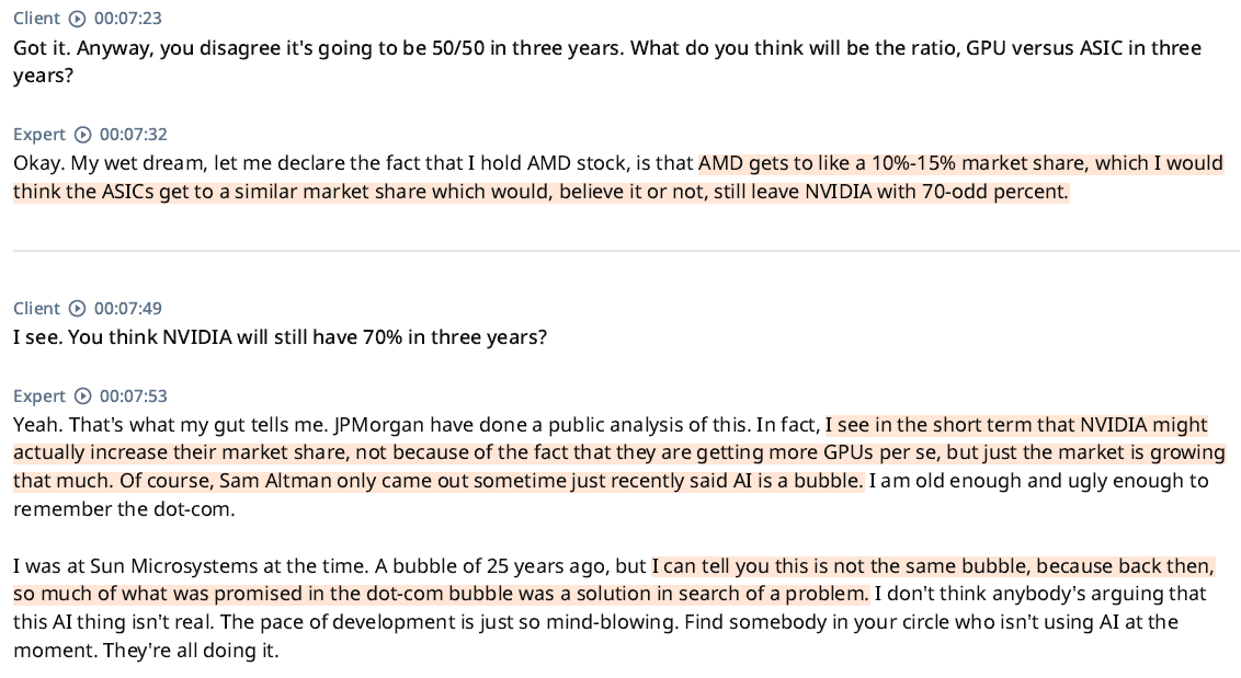 AlphaSenseInc's tweet image. A former $AMD employee expects $NVDA to retain 70% of the AI accelerator market over the next three years ( $AMD, $AMZN, $GOOGL, $CRWV ):
- The expert explained that hyperscaler-designed ASICs, such as $AMZN's Trainium and Inferentia, will help reduce, but not replace, demand…