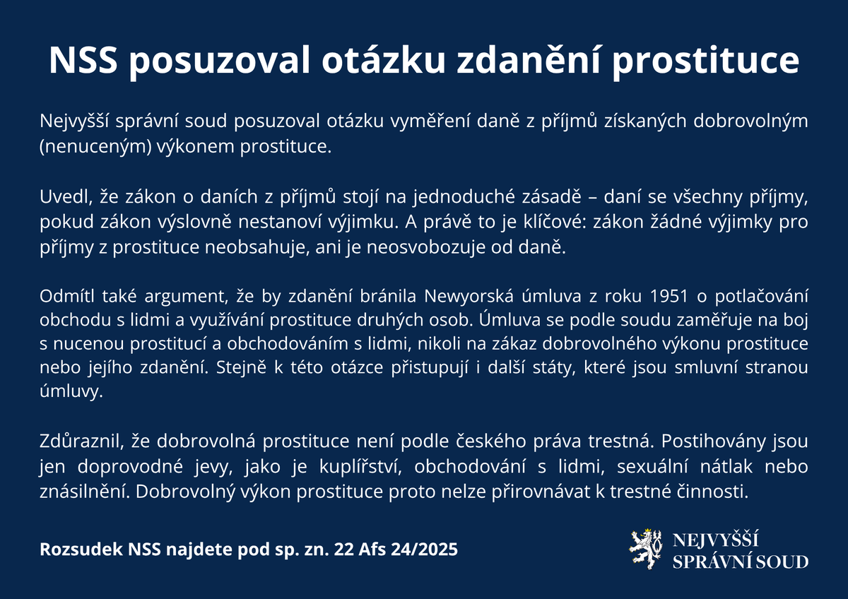 nssoudcz's tweet photo. Jsou příjmy z prostituce zdanitelné? Odpověď najdete v #TiskováZpráva (https://t.co/T3Qwcng8wU) nebo přímo v rozsudku #NSSoud pod sp. zn. 22 Afs 24/2025 v našem vyhledávači (https://t.co/9dGbCmEXCj). https://t.co/GqGmUBFG4q