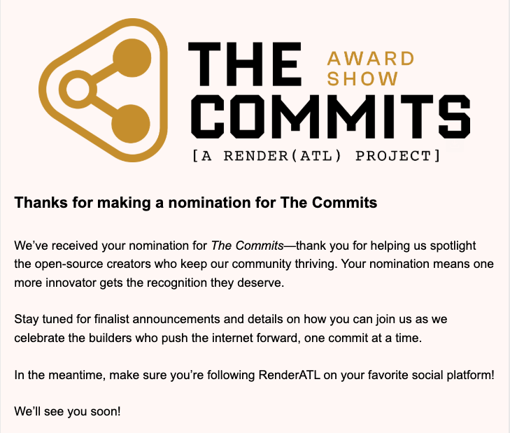 LawrenceDCodes's tweet photo. First one in, more to come. Let's go.
@RenderATL #TheCommits #OpenSource https://t.co/Yfv5GsLYMp