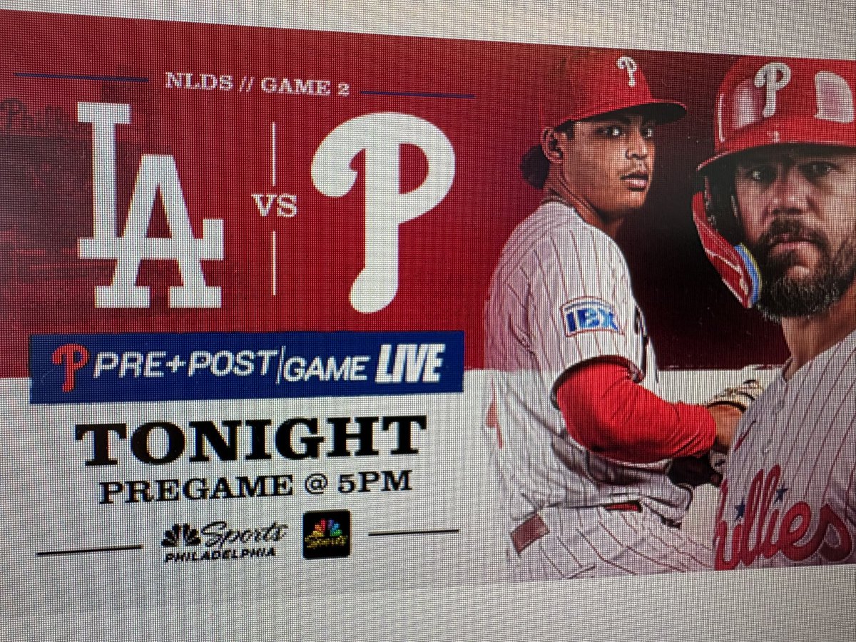 SKaneNBCS's tweet image. We’ll have comprehensive pregame and postgame coverage on @NBCSPhilly for Phillies/Dodgers Game 2 tonight. Phillies Pregame Live starts at 5:00 with @MBarkannNBCS, @rickybottalico, @bendavisnbcs &amp;amp; @RAJr_20 in studio and @JClarkNBCS, @BobCooney76 &amp;amp; @TMacPhils from the ballpark.