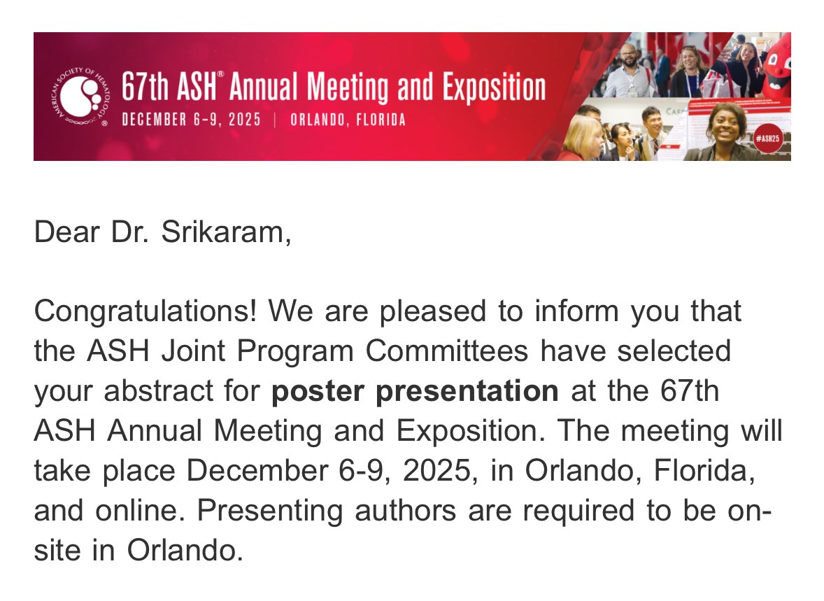 ASH 2025 is here!
Thrilled to share that our work on therapy-related AML has been accepted for poster presentation at #ASH25 in Orlando! Excited to discuss evolving trends and outcomes in t-AML. Keeping the streak alive!
<a href="/ASH_hematology/">ASH</a> <a href="/BloodPortfolio/">Blood Journals Portfolio</a>