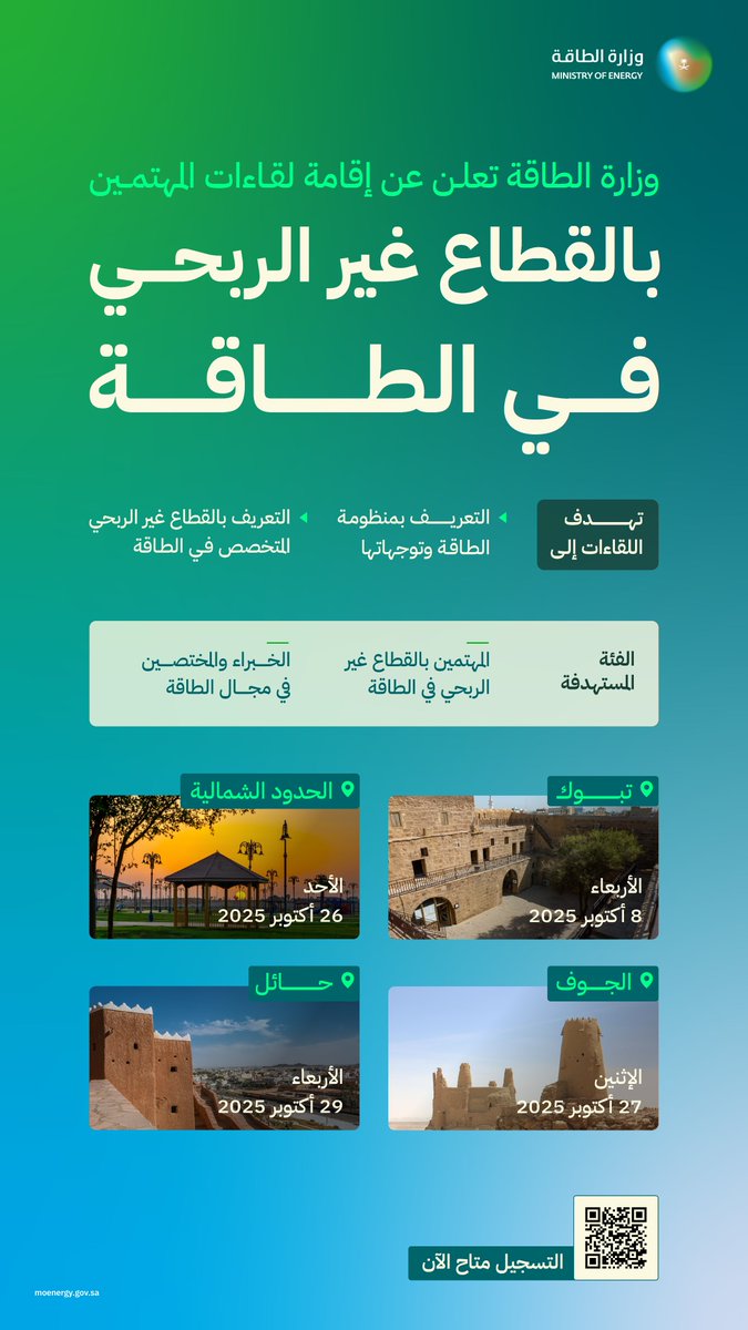 ضمن جهود وزارة الطاقة في تعزيز مساهمة القطاع غير الربحي في تحقيق مستهدفات رؤية السعودية 2030، ندعوكم لحضور لقاءات المهتمين بالقطاع غير الربحي في الطاقة.