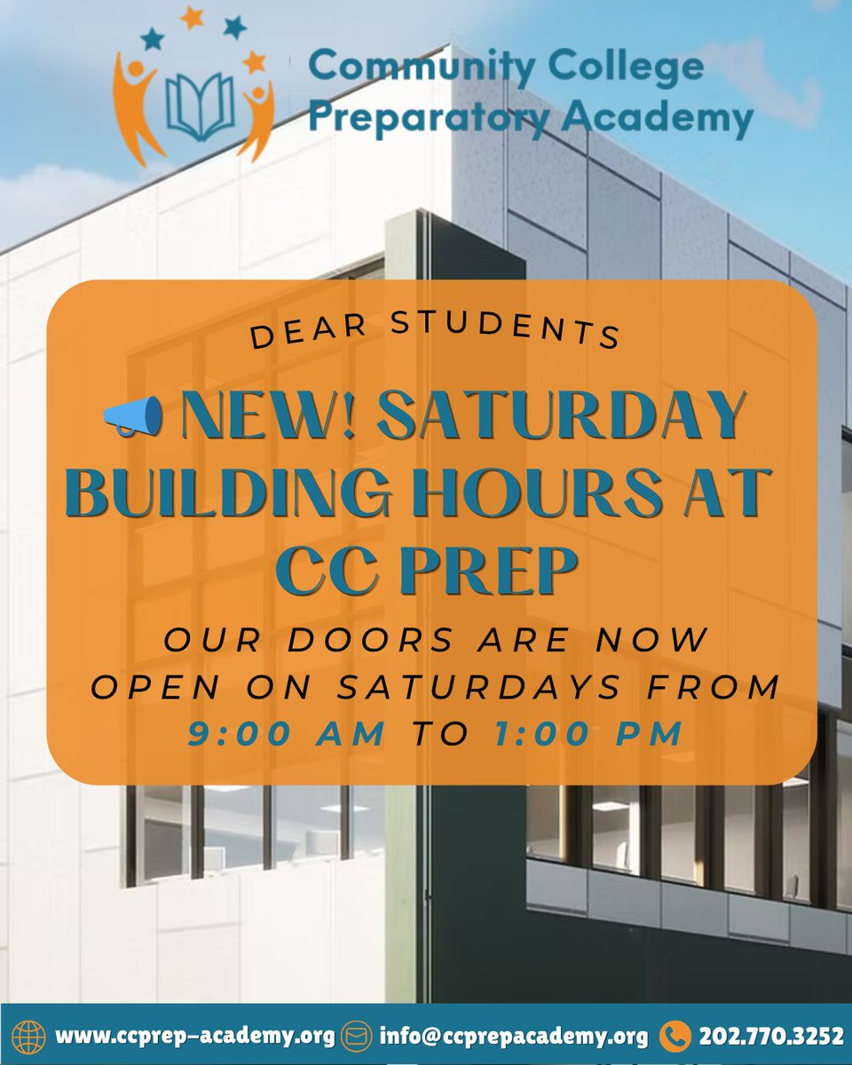 Your new weekend spot for focus + progress is here!
🗓️ Saturdays | ⏰ 9 AM–1 PM | 📍CC Prep, 1801 U Street SE
#Community #Education #CCPrep