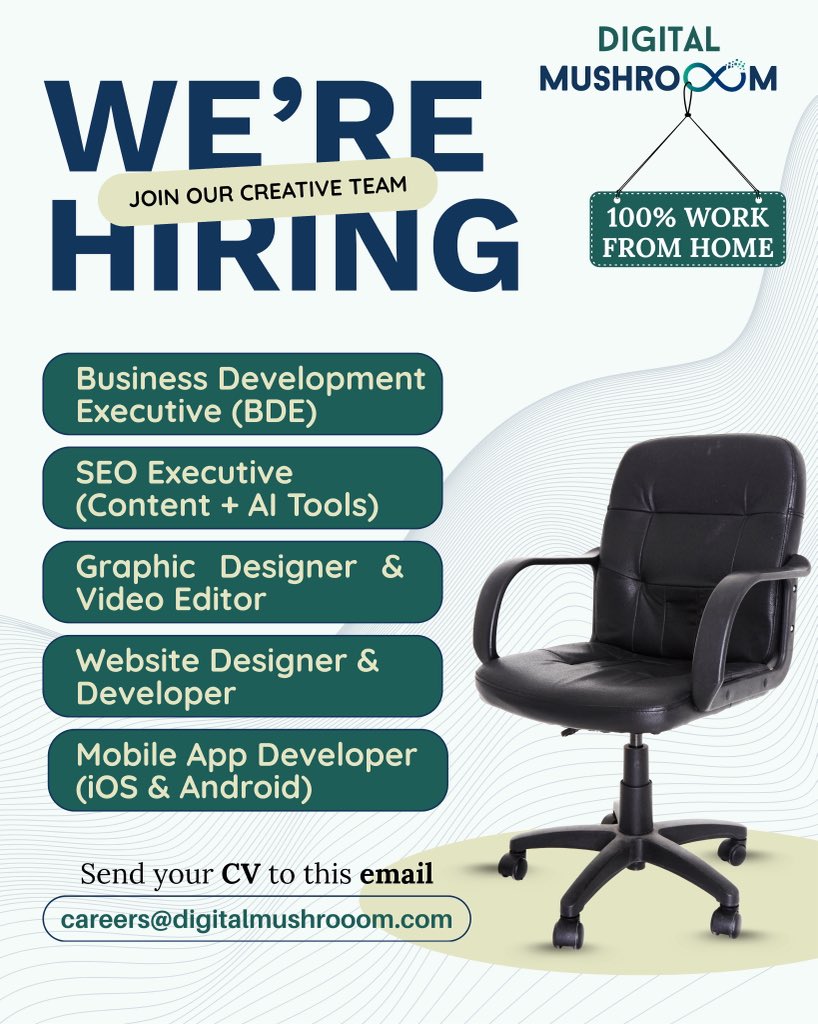 digimushrooom's tweet image. Your dream remote job is here. 🚀
Digital Mushrooom®️ is hiring! Join our startup & make a real impact.
Roles (per month):
💼 BDE: ₹8-30k + Inc.
🎨 Designer: ₹6-35k
💻 Web Dev: ₹8-40k
📱 App Dev: ₹10-50k
Ready? Send CV to careers@digitalmushrooom.com.
#Hiring #RemoteWork