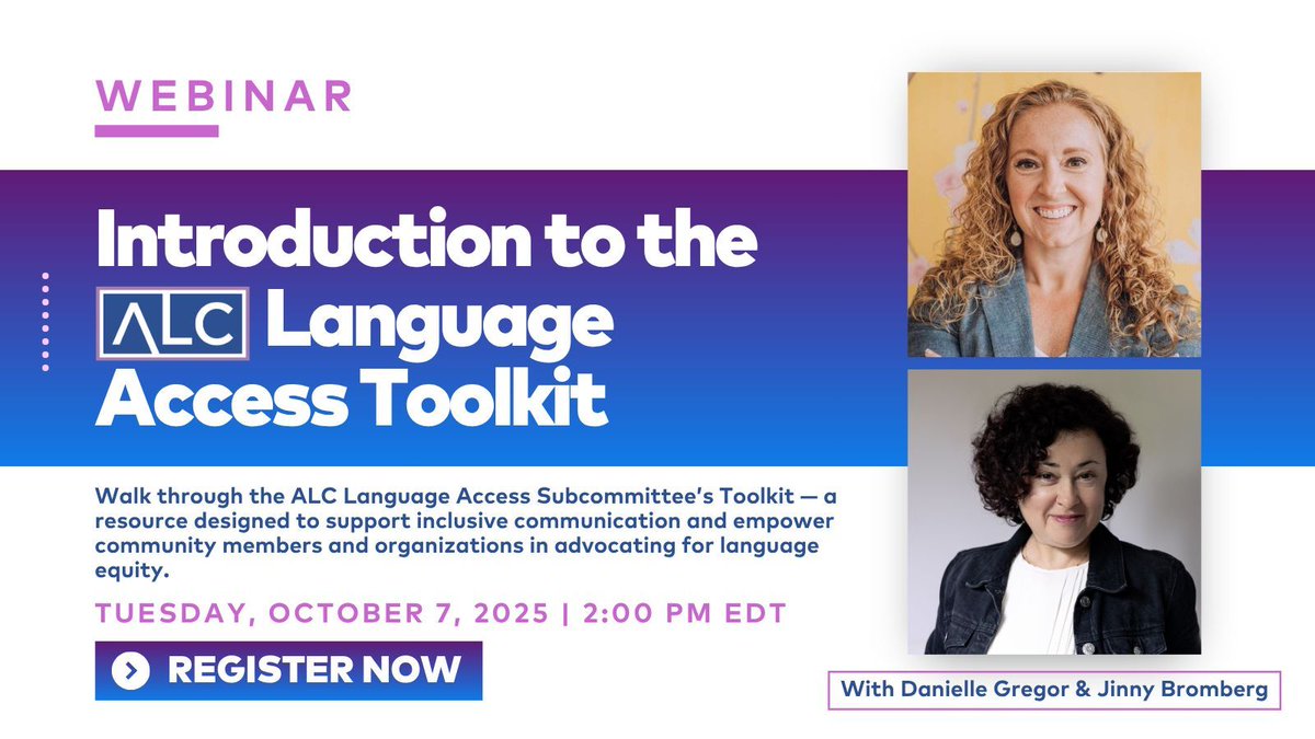 Join us tomorrow at 2:00PM EDT for the "Introduction to the ALC Language Access Toolkit" webinar, hosted by Danielle Gregor and Jinny Bromberg! 
equity.

Register now: alcus.org/events/EventDe…