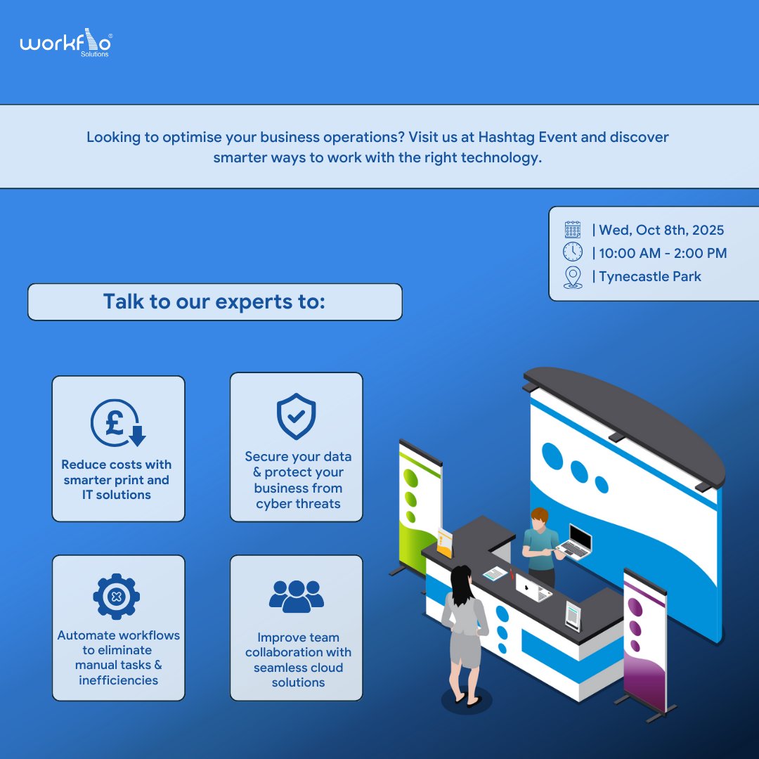 Workflo_sol's tweet image. Are your IT &amp;amp; document workflows holding you back? 

Meet our experts at #HashtagEvent in Edinburgh and see how we help businesses with IT infrastructure, secure document workflows, and print management.

Let’s talk business growth! 
#BusinessGrowth #TechSolutions #CloudSecurity