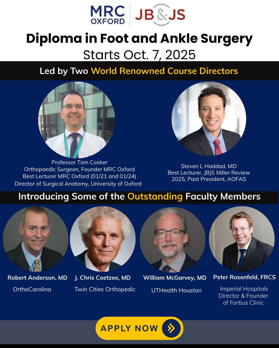 jbjs's tweet image. Course starts tomorrow!
This program is led by two world-renowned Course Directors: Professor Tom Cosker and Dr. Steven L. Haddad
🌍 From leading institutions in the US and UK, these experts will share surgical insights, case-based discussions, and evidence-based lectures:
✅…