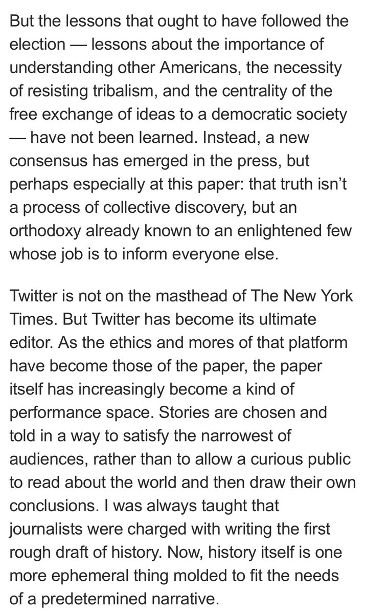 Worth revisiting Bari Weiss’ resignation letter diagnosing the problems at the NYT and other major media orgs which led to her leaving and starting her own company focused on highlighting perspectives major media outlets were ignoring.

There is a reason why Americans simply