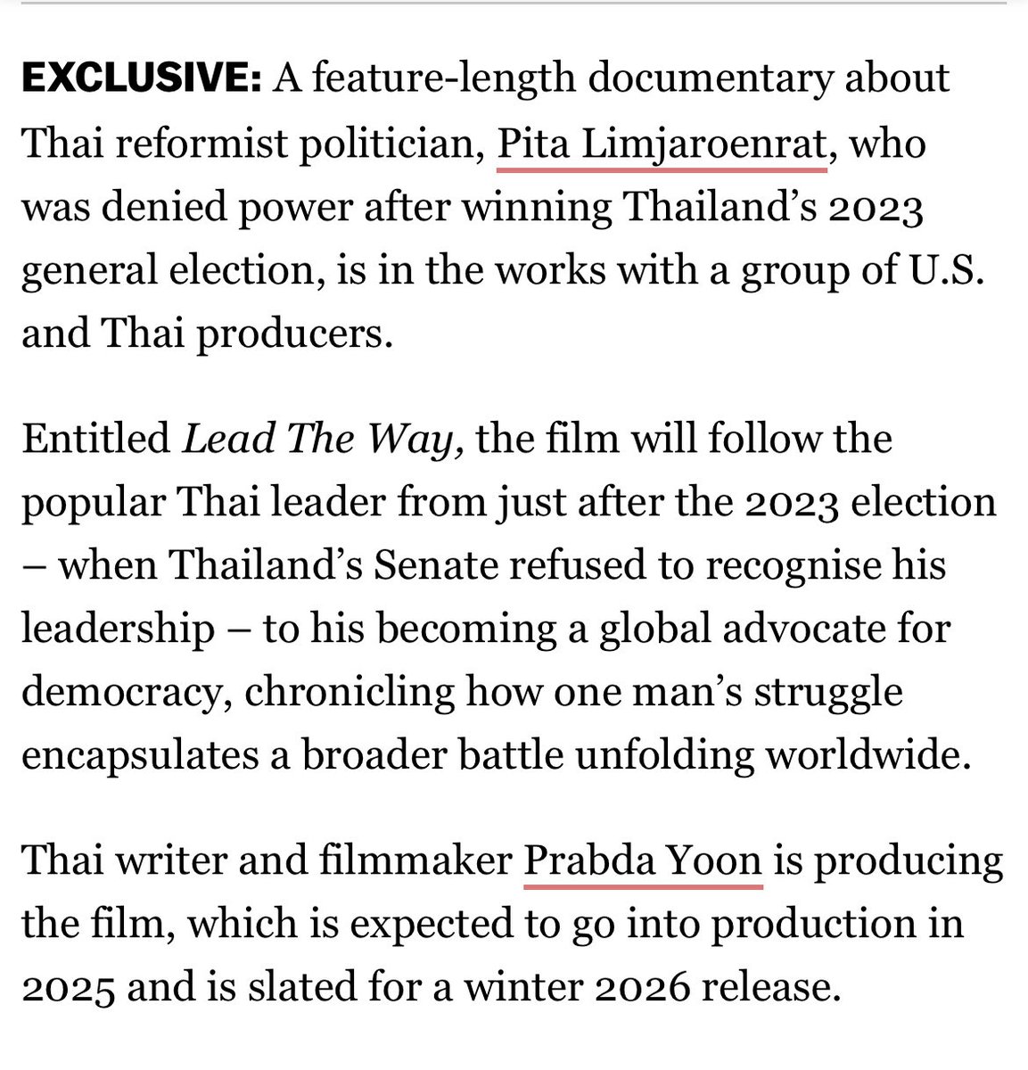 fffonnn_fn's tweet image. #LeadTheWay
สารคดีการเมืองที่เล่าเรื่องราวของประชาธิปไตยที่ถดถอย และการต่อสู้เพื่อประชาธิปไตยของพี่ทิม…

ในข่าวบอก winter2026🥹

#พิธาลิ้มเจริญรัตน์ 

deadline.com/2025/10/pita-l…