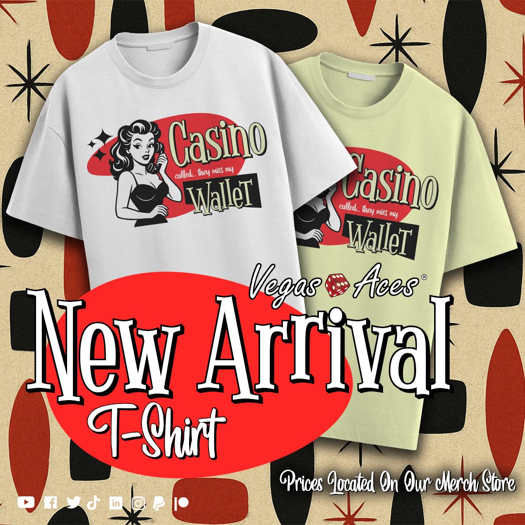 vegas_aces's tweet photo. Our new '50s merch is here with the hilarious design: "Casino called... They miss my wallet." Grab a shirt, cup, or pillow (140 products in total!). Prices vary. Shop this cool casino merch now!

https://t.co/MchPPncl4i

#50sFashion #CasinoHumor #MerchDrop #Vintage https://t.co/xebh1bAXS5