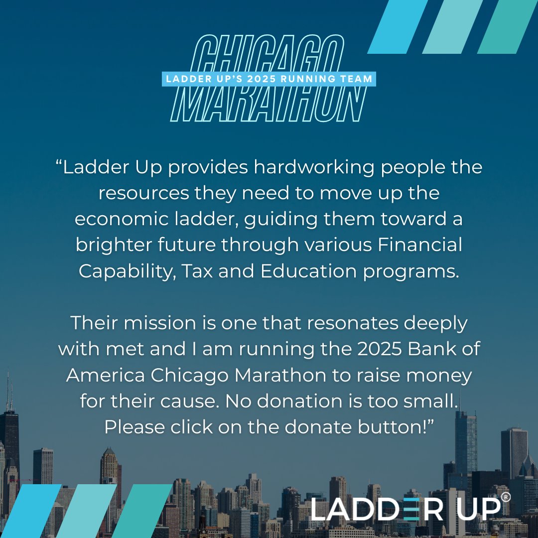 LadderUp's tweet image. Say hello to Sam Miller who's participating in the 2025 Bank of America @ChiMarathon for #LadderUp's cause. Let’s rally behind Sam as race day draws near this weekend!​

Sponsor Sam at ow.ly/9RkB50X6zRQ
Visit tinyurl.com/LUChiMarathon25 to learn more #ChicaGOtheDistance