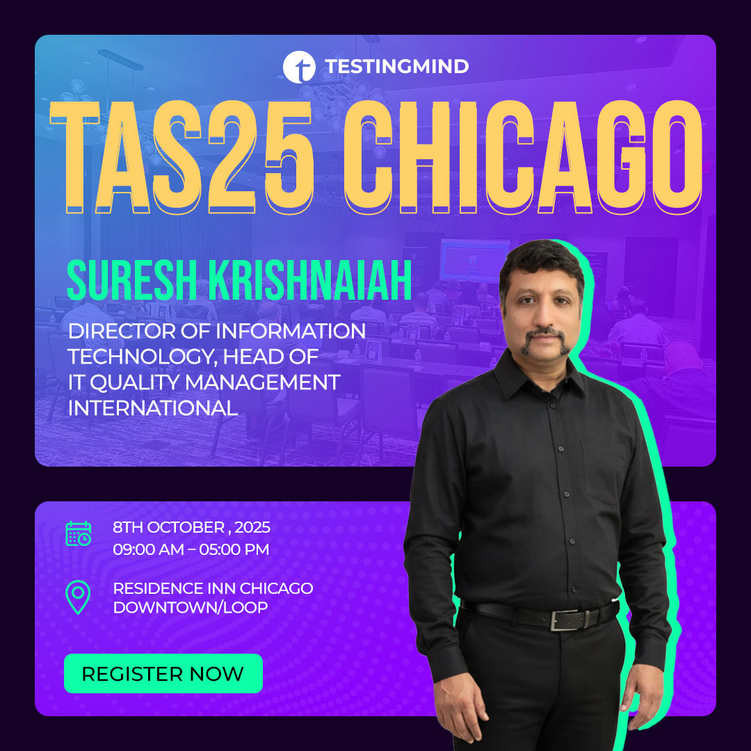 testingmindcon's tweet image. 🌟 Keynote Spotlight at Test Automation Summit – Chicago! 🌟
On October 8, 2025, join us in Chicago for an unmissable day of AI, QA, and Test Automation innovation. Among our incredible lineup, we’re honored to feature Suresh Krishnaiah, CEO at IT Quality Management…