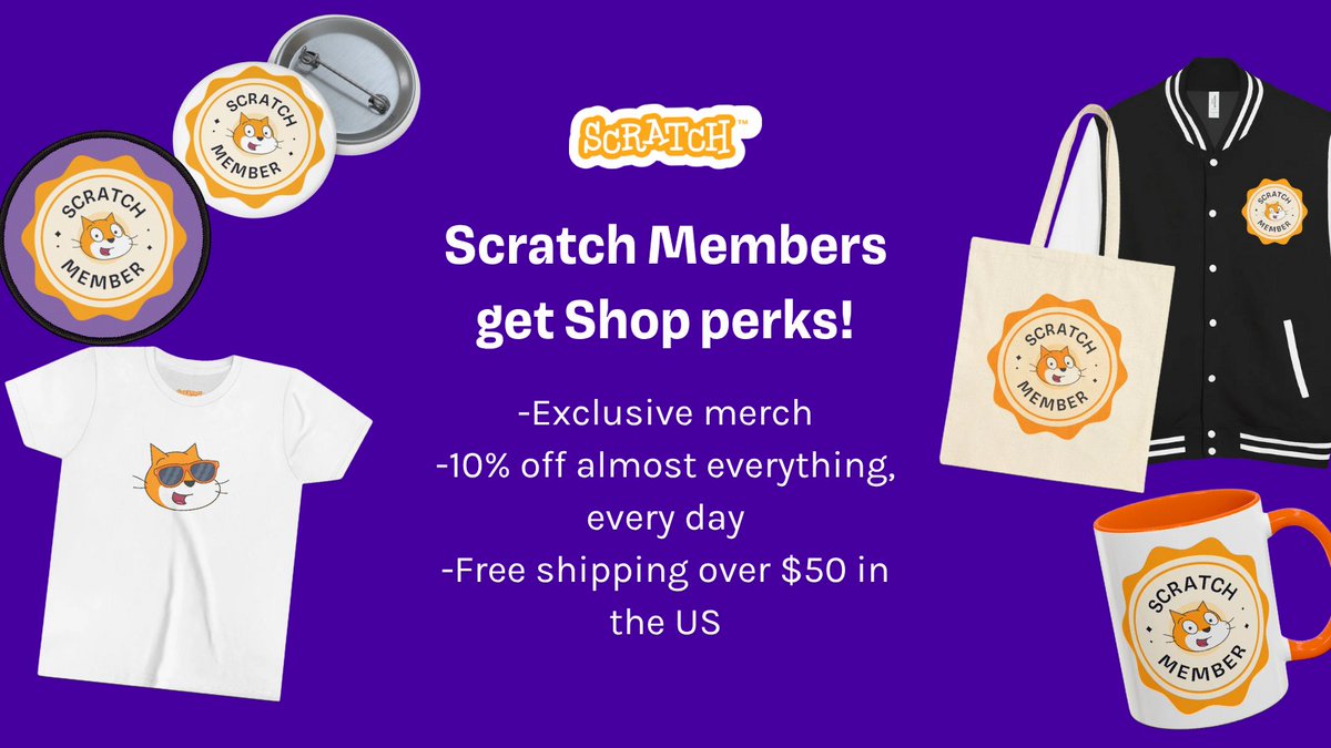 scratch's tweet image. Did you know? Scratch Members get 10% off Scratch merch every day, plus free shipping over $50! Save on Member-exclusive merch and all of your Scratch favorites, for holiday shopping and beyond ♥️ scratchfoundation.org/membership
