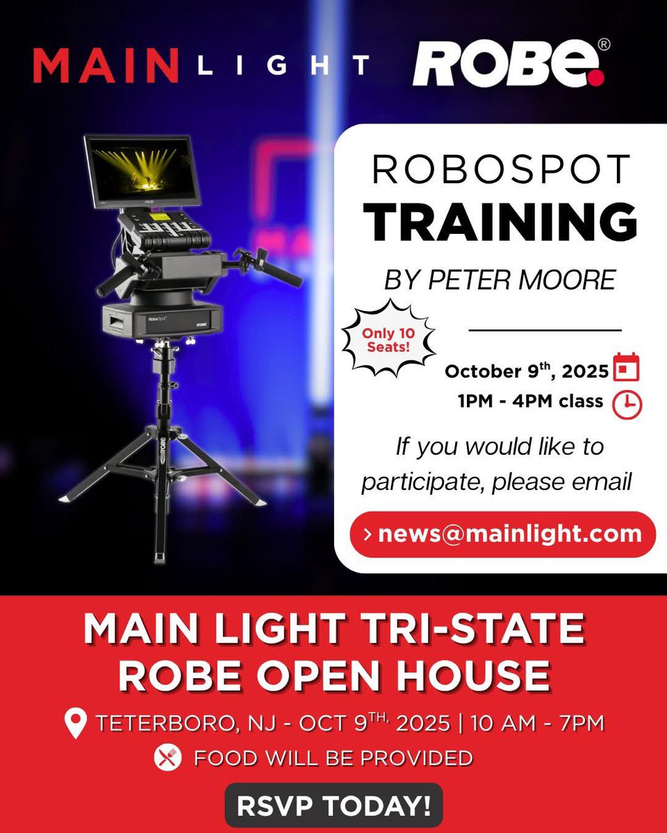 TheRobeWay's tweet image. Sharpen your skills on the @Robelighting #RoboSpot system at @MainLight Tri-State at a hands-on training from 1–4 PM on Thurs. October 9th during the ROBE Open House.
 
Seats are limited to 10 participants: email news@mainlight.com to reserve your spot!
 
#therobeway #mainlight