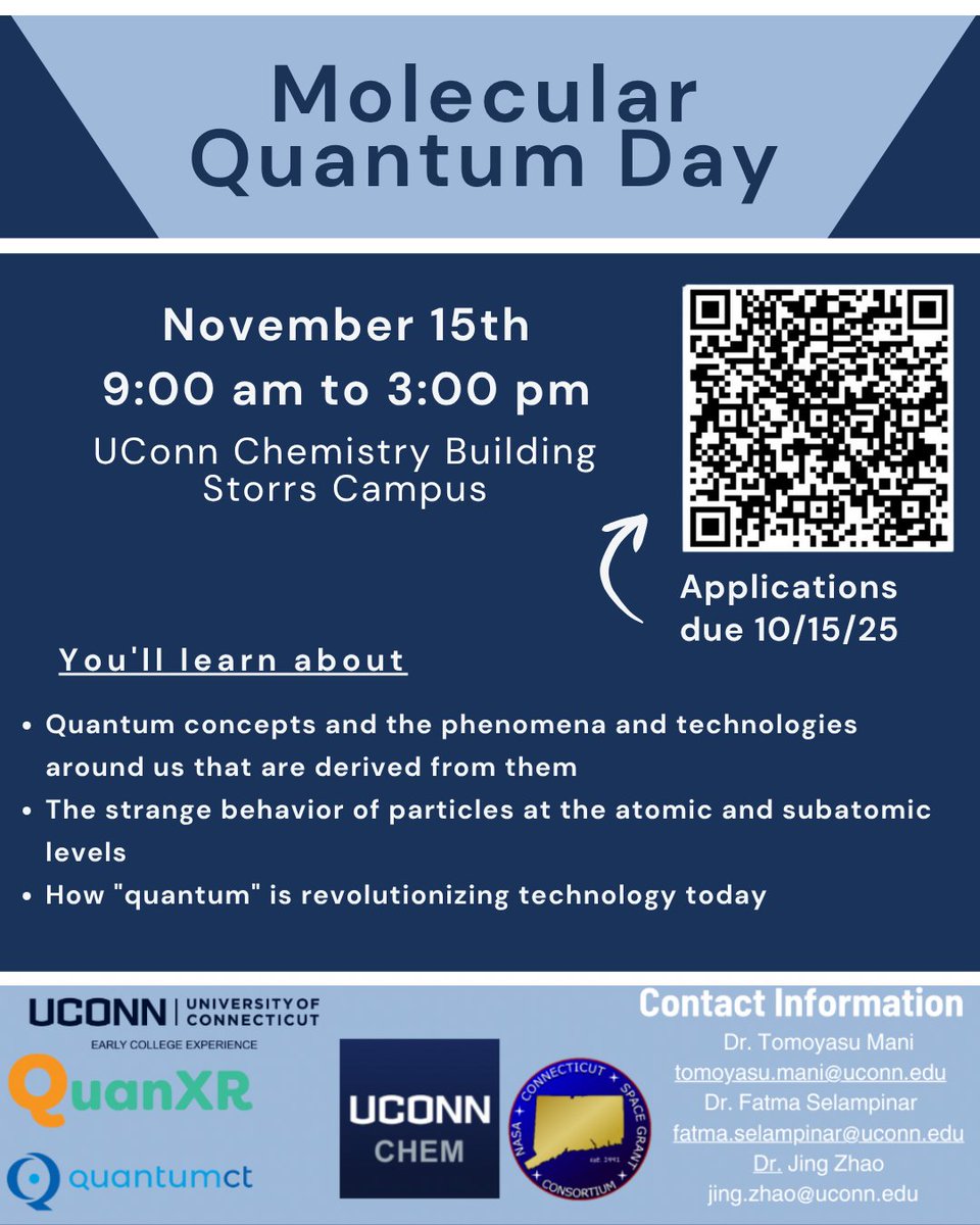 uconnece's tweet image. Join us for Molecular Quantum Days, an immersive
program exploring the world of Quantum Chemistry!
Applications are open now through October 15, 2025
To apply, use the QR code on the flyer!

#UConnECE #UConnChemistry #concurrentenrollment