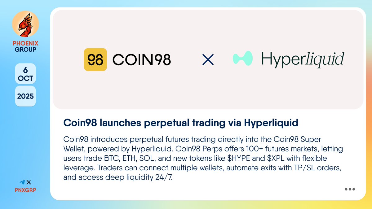 🔥 @coin98_wallet launches perpetual trading via @HyperliquidX #Coin98  introduces perpetual futures trading directly into the Coin98 Super Wallet,  powered by #Hyperliquid. Coin98 Perps offers 100+ futures markets, letting  users trade $BTC, $ETH, $