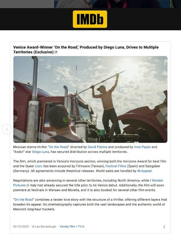 Queer Lion Award 2025 winner "𝐄𝐧 𝐞𝐥 𝐜𝐚𝐦𝐢𝐧𝐨" (𝐎𝐧 𝐭𝐡𝐞 𝐑𝐨𝐚𝐝), secures distribution in several Countries

🇺🇸 Variety ➡ bit.ly/3IKsVro
🇺🇸 IMDB ➡ bit.ly/3ILpj8w

#QueerLion #BiennaleCinema2025 #Venezia82 #Orizzonti #EnElCamino #DavidPablos #LGBTQ