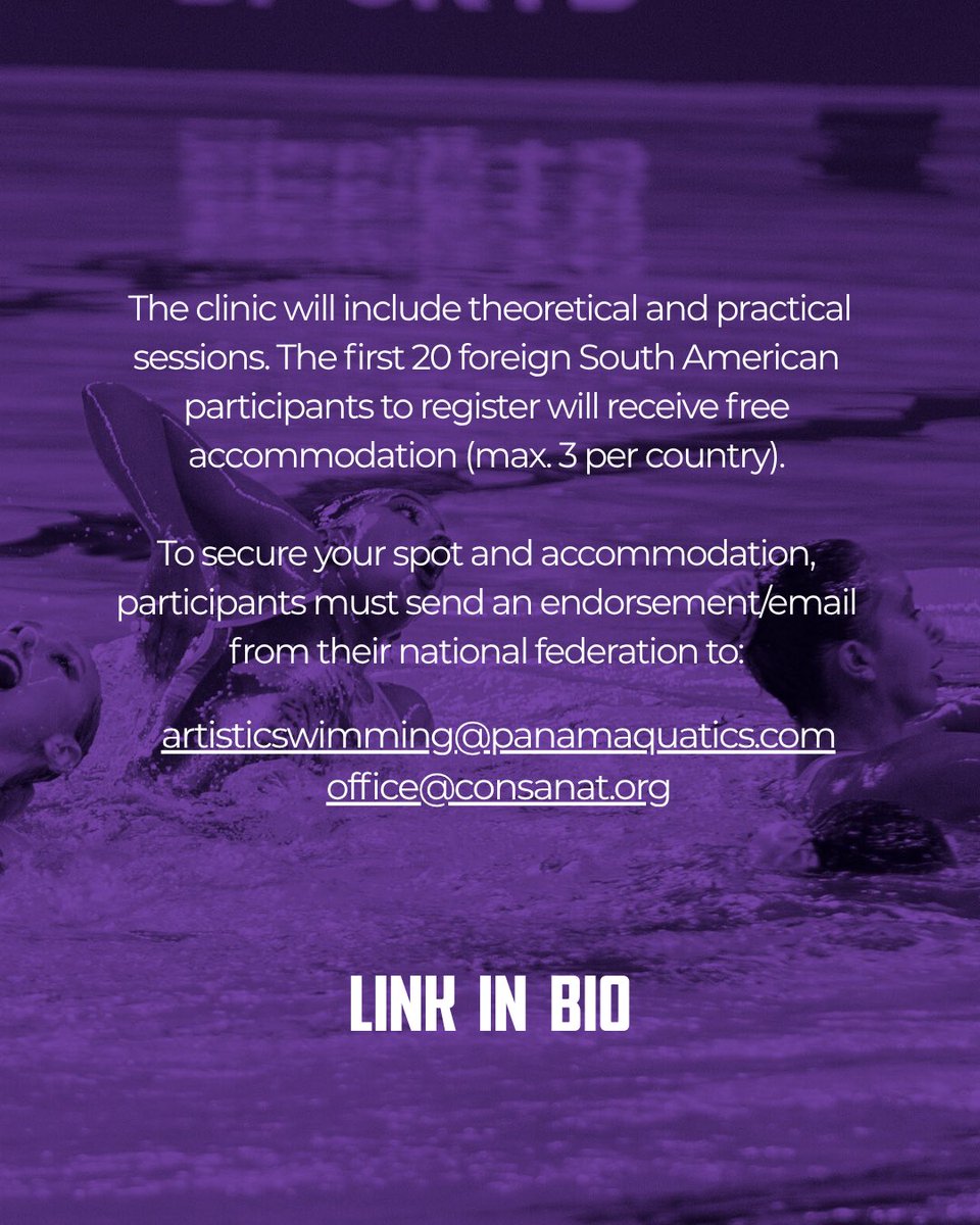 PanamAquatics's tweet photo. 🌊 Artistic Swimming Coaches Clinic
📍 Uruguay | 🗓️ Oct 31 – Nov 2, 2025

PanAm Aquatics, with World Aquatics &amp; CONSANAT, invites coaches to a free in-person Youth &amp; Junior clinic 🤝✨

📩 artisticwimming@panamaquatics.com https://t.co/AHKpkEoBj6