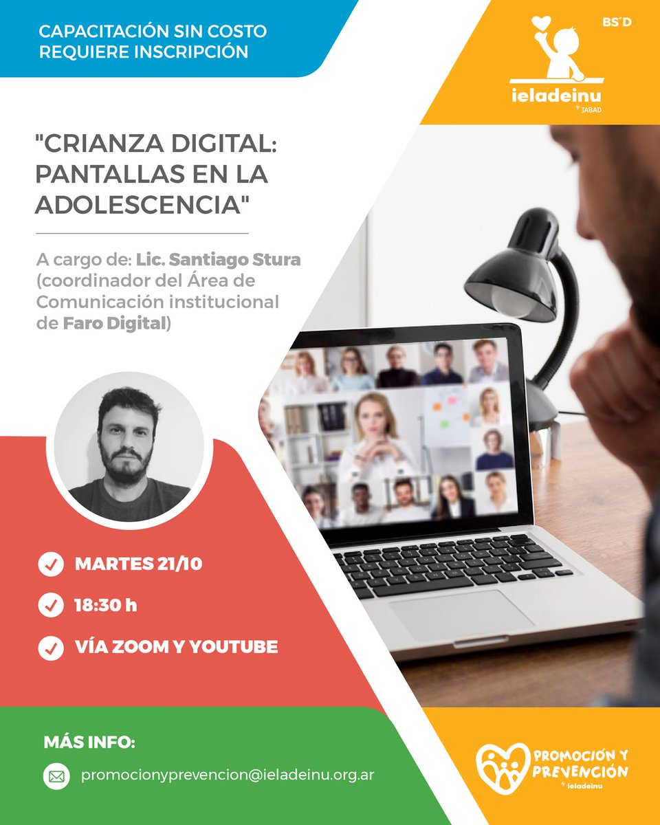 Ieladeinu te invita al ciclo de capacitaciones gratuitas.
📍Cuarto encuentro: “Crianza Digital: pantallas en la adolescencia”.

A cargo del Lic. Santiago Stura, referente de Faro Digital.
🗒️ Martes 21/10
⏰ 18.30 a 20 hs

Inscripciones: odd.org.ar/CicloDeCapacit…