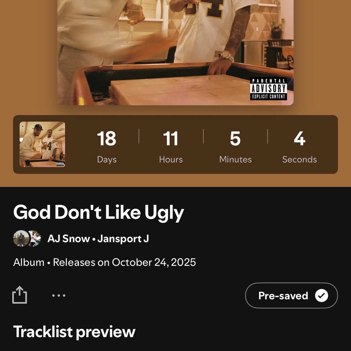 GOD DON’T LIKE UGLY BY AJ SNOW &amp; JANSPORT J AVAILABLE NOW FOR PRE-SAVE ON SPOTIFY. ALBUM DROPPIN’ OCTOBER 24TH 🥂