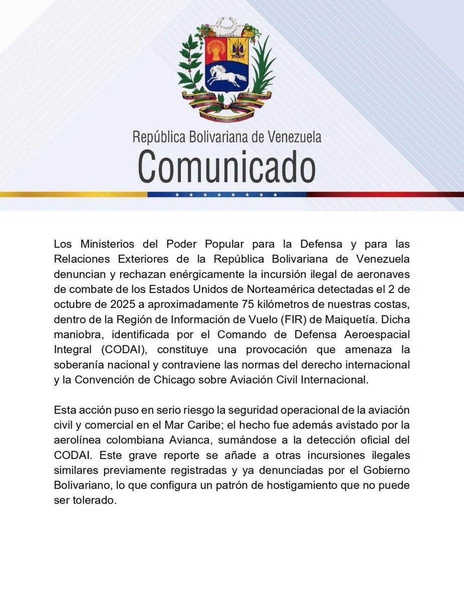 fran_emilse's tweet photo. #Comunicado 📢 Los Ministerios de Defensa y R.E. denuncian y rechazan la incursión ilegal de aeronaves de combate de EE. UU. detectadas a solo 75 kilómetros de nuestras costas el #2Oct. 

¡Una clara amenaza a nuestra soberanía!

#HueleANavidad 
#UnleashDracarys🐉🔥
@YriadS https://t.co/eU5sGXXhUh
