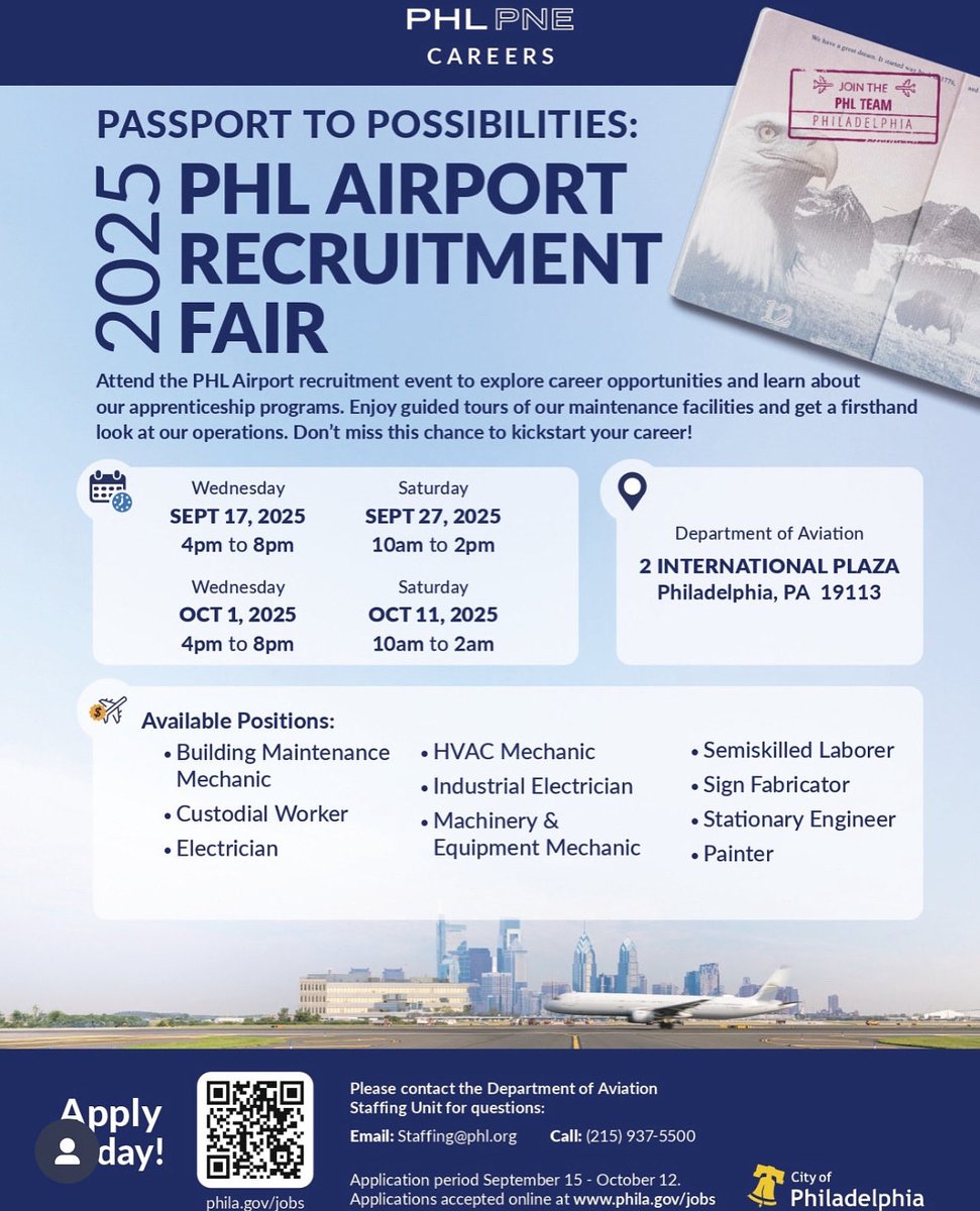 _FastFoundation's tweet image. The Philadelphia International Airport is hosting a recruitment fair at the International Plaza. They are seeking custodial workers, a variety of electricians and mechanics, painters, sign fabricators, and stationary
October 11 from 10 a.m. to 2 p.m. equalinfo215.com/airportfair