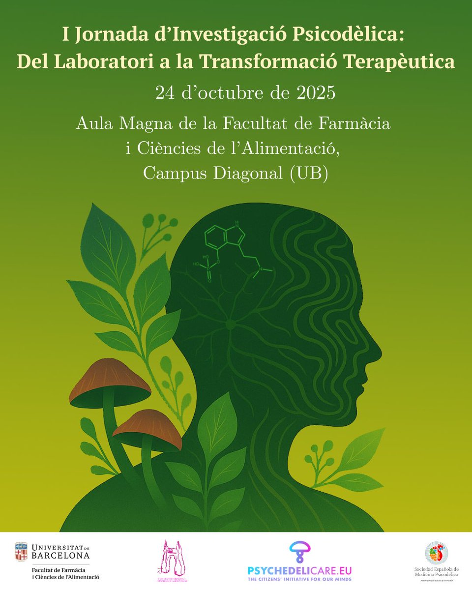 NextNps's tweet photo. Ens fa molta il·lusió participar en la I Jornada d’Investigació Psicodèlica, el pròxim 24 d’Octubre a l’Aula Magna de la Facultat de Farmàcia. Una gran oportunitat per donar veu a noves opcions terapèutiques basades en l’evidència científica. No us ho perdeu! https://t.co/26NyTWHtfk