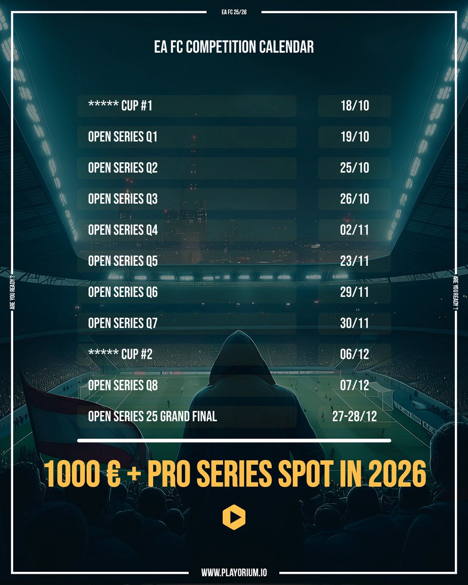 playorium's tweet image. 💥 Here’s the Playorium tournament schedule to finish 2025 in style!

🎮 OPEN SERIES with 8 qualifying tournaments.
💰 €1,000 to win 

🍀 Good luck to all players 

➡️ Sign up here now: app.playorium.io/tournaments