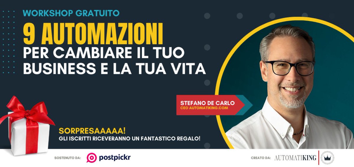 ⏰ Il Workshop GRATUITO di Stefano De Carlo "9 automazioni per cambiare il tuo business" sta per chiudere le iscrizioni.
C'è anche un regalo esclusivo che ti aspetta!
Iscriviti entro l'8 ottobre. Non mancare!

👉 postpickr.link/regalo