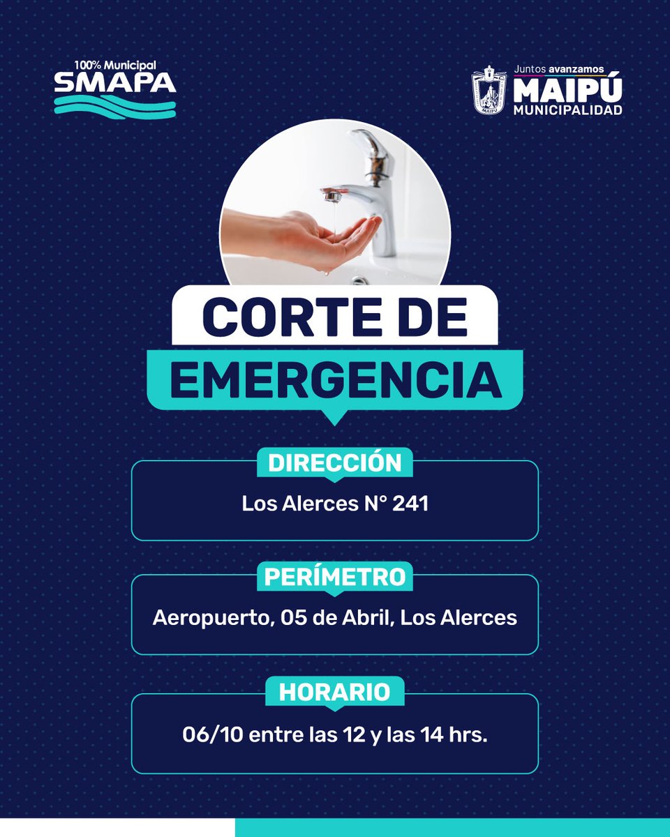 📍Presentamos corte de suministro provisorio por reparación de válvula 💧 en Los Alerces N° 241, #EstacionCentral, en el perímetro 🚧 de calles Aeropuerto, 05 de abril, Los Alerces.

👷🏽‍♂️Nuestras cuadrillas ejecutan faenas para la pronta normalización del servicio.