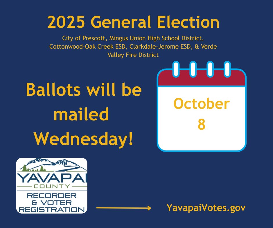 YavapaiRecorder's tweet image. Jurisdictional elections are vote by mail. If you need to vote in-person for any reason, we will have in-person voting at 1015 Fair St. in Prescott (2nd floor), and 10 S. 6th St. in Cottonwood.
