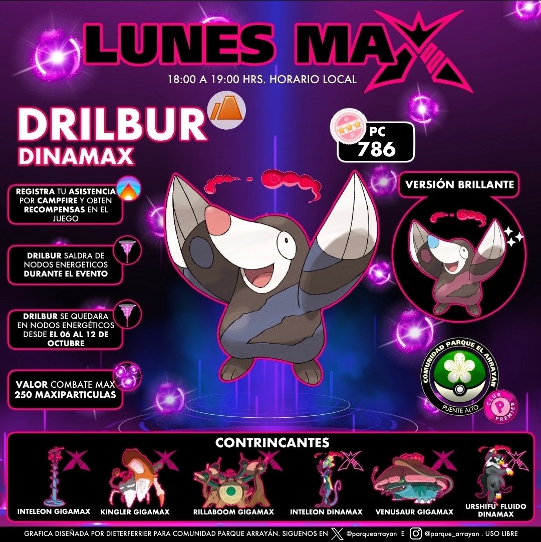ParqueArrayan's tweet image. Lunes Max: Drilbur Dinamax 
Lunes 6 de octubre, de 18:00 a 19:00 hrs.