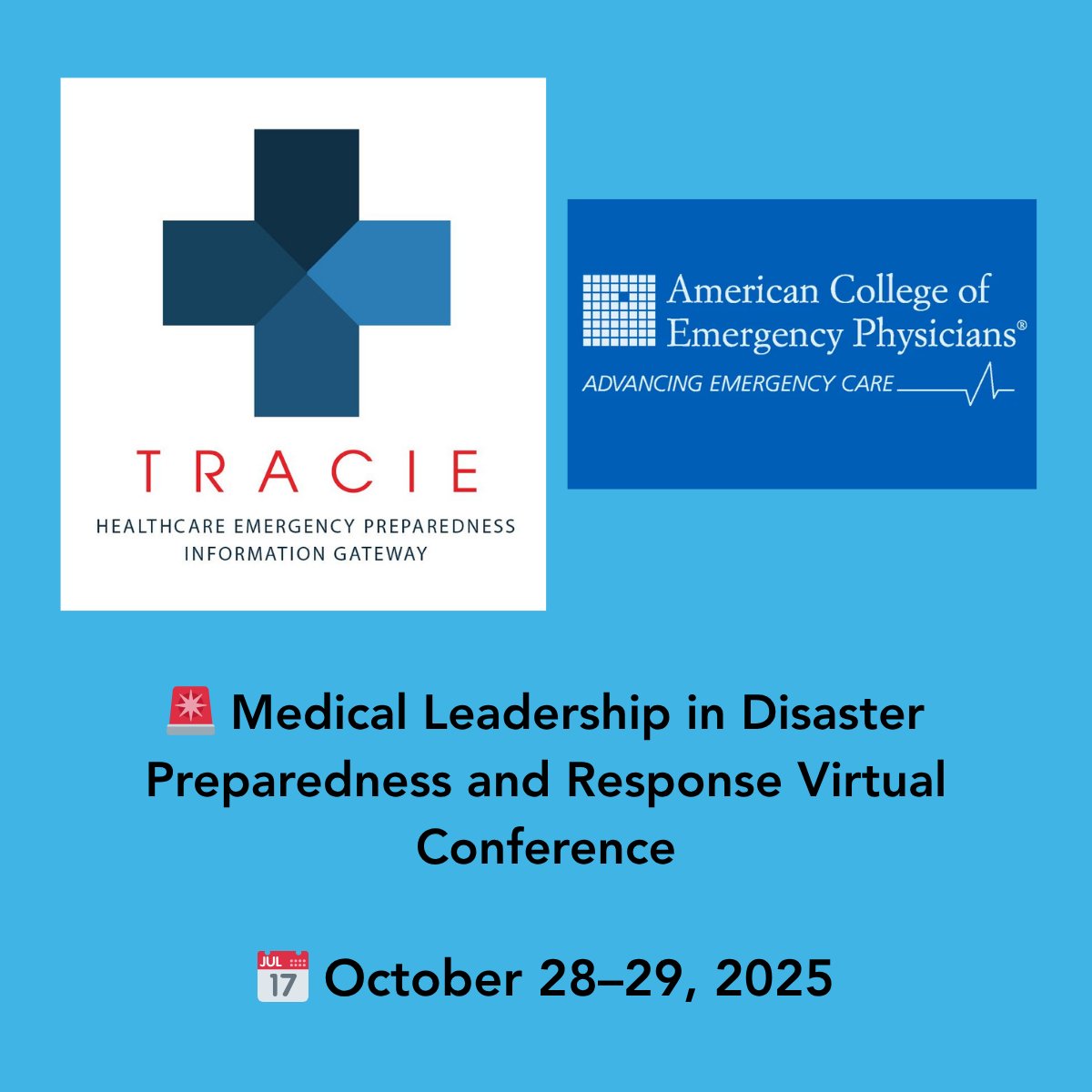 🚨 Medical Leadership Virtual Conference
📅 Oct. 28–29 | Virtual &amp; Free
Join <a href="/ASPRgov/">HHS ASPR</a> and American College of Emergency Physicians to explore leadership challenges and best practices in disaster preparedness &amp; response. 🔗 Register: bit.ly/3KE0Rq8