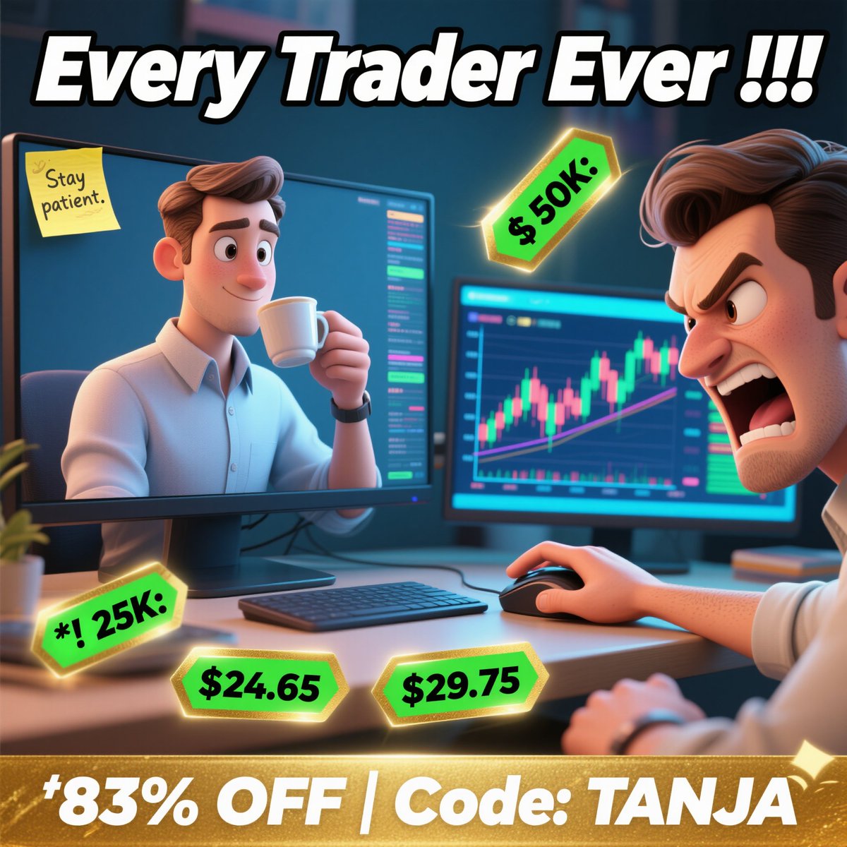 Futuresfirms's tweet image. 😂 My watchlist says “patience”…
👉 My finger says “market entry” 💥
If you’re gonna risk it , at least do it funded 😎
👉 Bulenox 83% OFF with **TANJA**
🎈25K : $24.65
🎈50K : $29.75
#Bulenox #TANJA #TraderHumor #FuturesTrading #TopStep #Apex…