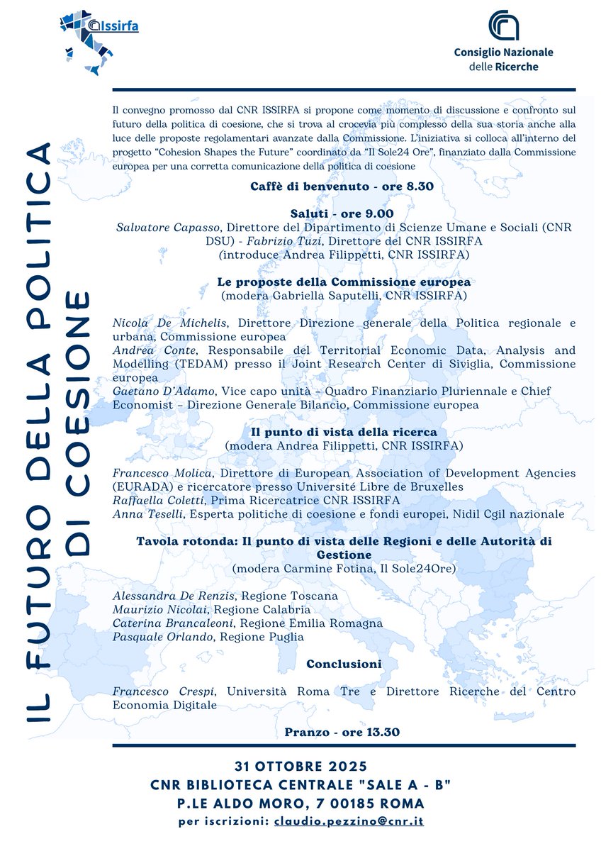 rfacnr's tweet photo. Il 31/10/2025 presso la sala “A” della Biblioteca Centrale del @CNRsocial_  si terrà il convegno "Il futuro della politica di coesione". info: claudio.pezzino@cnr.it https://t.co/TD5TT5azYc