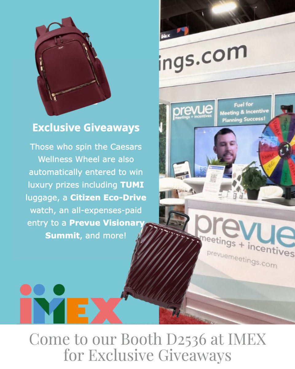 Need a break at IMEX? Visit Booth D2536 to relax, spin the Caesars Wellness Wheel, earn bonus wellness points, &amp; win luxe prizes like TUMI luggage. Come visit us: prevuemeetings.com/imex-2025/boot…