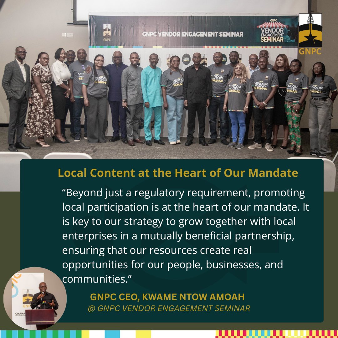 GNPCGhana's tweet image. Through local content and collaboration, GNPC is empowering Ghanaian businesses to grow, compete, and lead.

Swipe through to explore key reflections from @CEOofGNPC, Kwame Ntow Amoah, at the GNPC Vendor Engagement Seminar.

#GNPCat40 #GNPCVES2025 #LocalContent #EmpoweringDreams